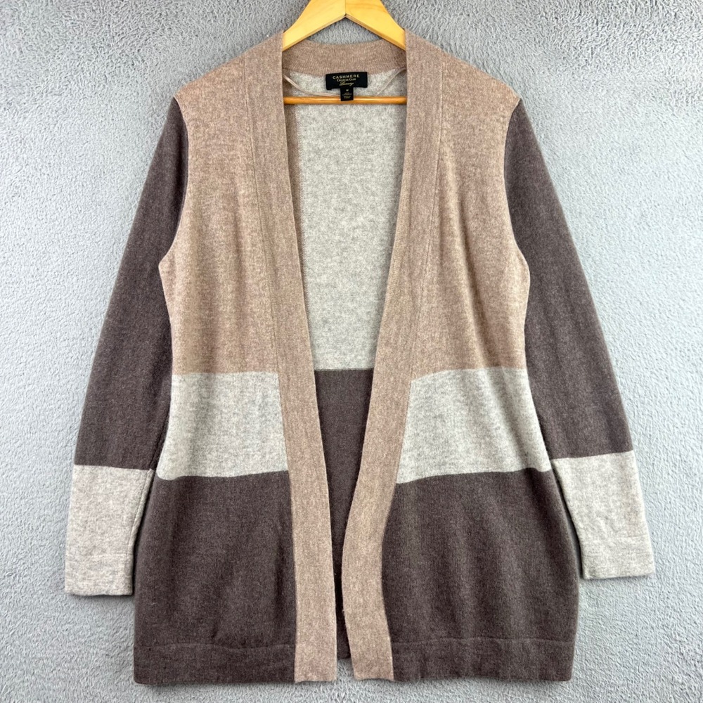 Charter Club Luxury Cashmere Colorblock Open Front Cardigan Brown Tan Grey M